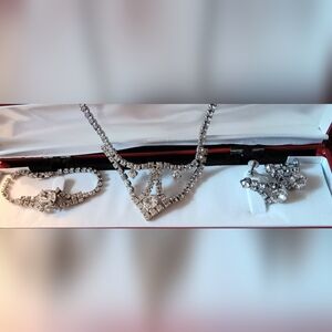 Vintage Rhinestone Necklace, Bracelet, & Screw Back Earring Set